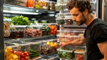 Obraz premium Man organizing a variety of fresh foods in a well-stocked refrigerator, showcasing effective storage and healthy eating habits.
