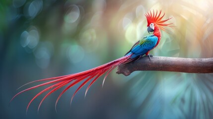   A vibrant bird perches on a tree branch against a backdrop of green and blue foliage, blurred at the edges