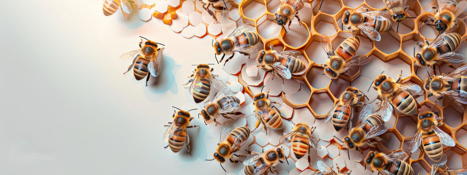  Detailed close-up of bees actively working on a honeycomb, emphasizing the intricate patterns and teamwork in nature.