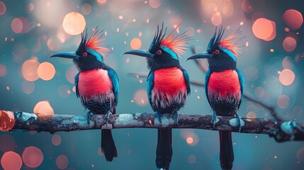 Fototapeta premium Three birds perch on a tree branch against a blurred backdrop of red and blue