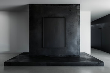 A minimalist art gallery with a sleek, onyx black wall, displaying an empty, charcoal black frame. The monochrome scheme emphasizes the gallery's modern, sophisticated aesthetic.