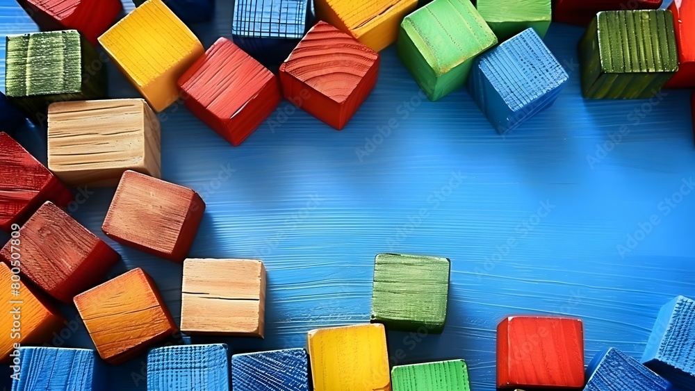Poster creative arrangement of colorful wooden blocks on a wide background for design concepts. concept col