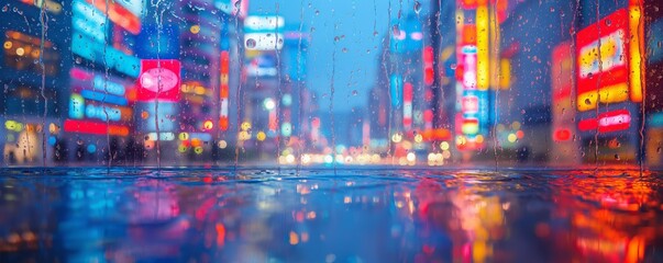City lights reflected on wet street in rain