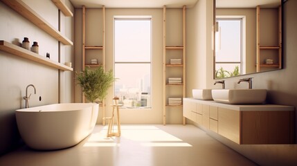 Bathroom interior with white bathtub and modern sink