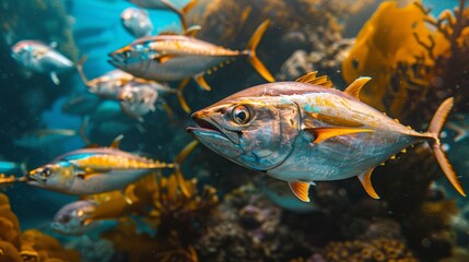 Naklejka premium Vibrant tropical fish swimming in clear waters among colorful coral reefs, capturing marine biodiversity.