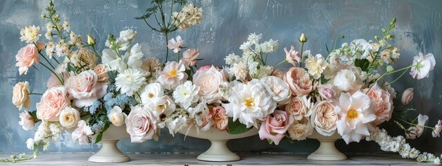 Elegant floral arrangement featuring pastel roses and other blooms in white vases against a gray backdrop.