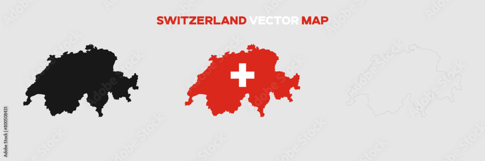 Wall mural switzerland map vector pack. map with flag. gray map silhouette. gray outline map. editable eps file