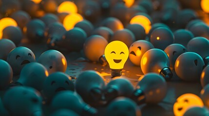 A lot of sad non-burning light bulbs and one joyful burning light bulb. A symbol of the creative idea that has arisen and a positive