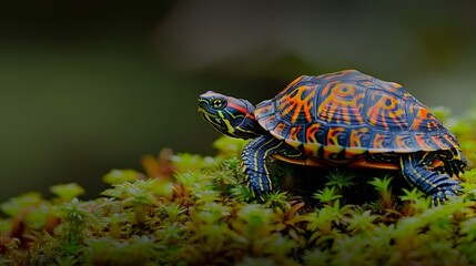   A tight shot of a tiny turtle atop moss-covered surface, its shell bearing vibrant orange and blue markings