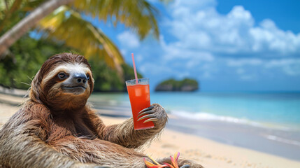Sloth with a cocktail on the beach