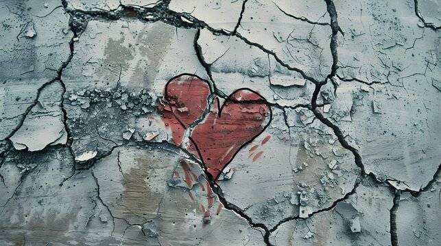 A broken heart. Drawing of a heart on a cracked wall. Broken relationships. Treason and betrayal. Past love. A quarrel