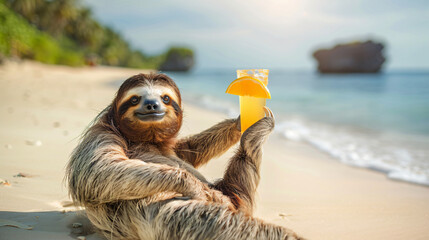Sloth with a cocktail on the beach
