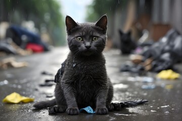 Nasse Russisch Blaue Katze im urbanen Regenschauer