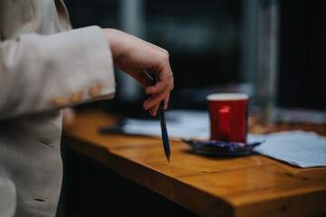 A professional businessperson reviewing documents at an outdoor cafe, pen in hand with a red cup of coffee.