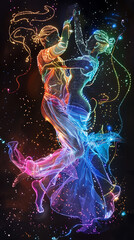 Dancing couple in a beautiful dress. Multicolored background.