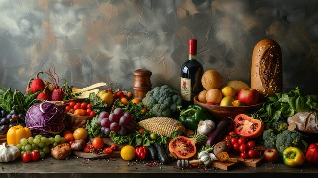 organic and healthy food background assembled like a still life painting