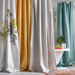 photo in high definition of different bathroom curtains one next to another
