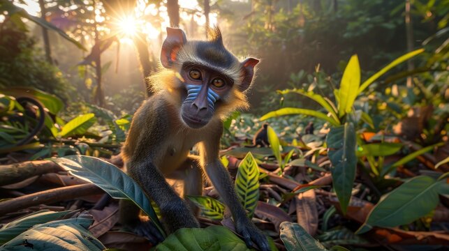  A monkey seated in a jungle with blue paint adorning its face and eyes