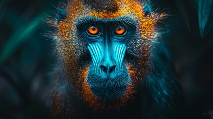   A monkey's face with close-up eyes emitting orange and blue light - obrazy, fototapety, plakaty