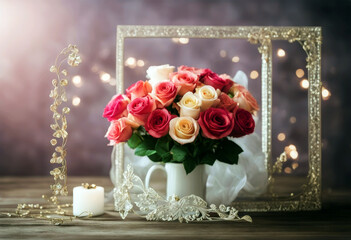 'Day Greeting Mother's bouquet ornament heart card roses frame Background Vector Flower Design Banner Heart Frame Nature Art Gold Ribbon Illustration Love Birthday Template Rose Happy Card Invitation'