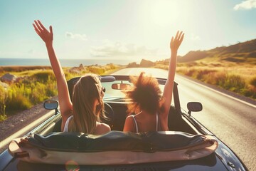 Two girls sitting in the back of a convertible car