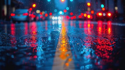 Fototapeta premium A wet street with traffic lights during rain