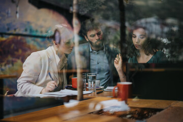 Focused business partners gathered at a cafe table engaged in a productive meeting, discussing work and strategies over coffee.