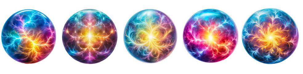 Set of colorful electricity orbs on transparent background.