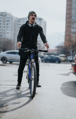 A male urban cyclist rides his bike on a city street with headphones around his neck, enjoying a...