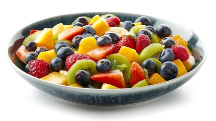 Studio shot of a bowl of fresh fruit salad, featuring an assortment of ripe fruits, perfectly isolated to focus on the natural details and freshness