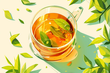 Cup of tea with green leaves on light background. Vector illustration.
