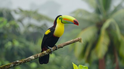 Obraz premium A toucan perches on a tree branch in a tropical setting, surrounded by palm trees The background features a foggy, misty sky