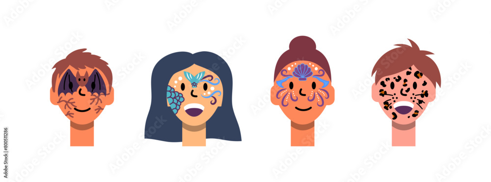 Sticker Cartoon Color Characters Kids Face Painting Concept Flat Design Style Include of Bat, Mermaid and Leopard. Vector illustration