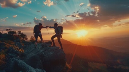Two people are standing on a mountain, one of them is helping the other. The sun is setting in the...