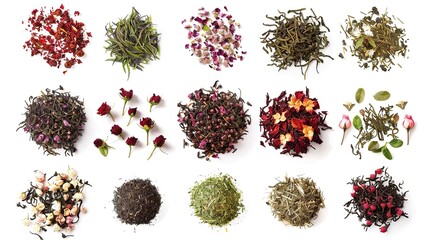 Assorted herbal tea leaves and petals on white background