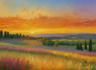 Obraz premium Beautiful landscape with oil paints, trees, sun field, generative ai