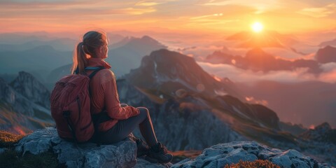 Contemplative Woman Gazing at Sunset in Mountains