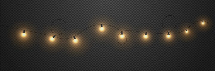 Christmas lights. New Year's decoration of garlands, glowing light bulbs. On a transparent background.