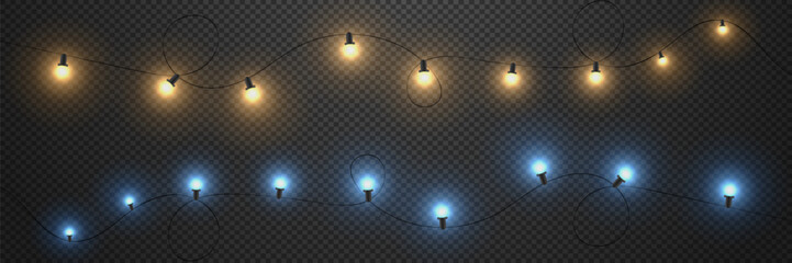 Christmas lights. New Year's decoration of garlands, glowing light bulbs. On a transparent background.
