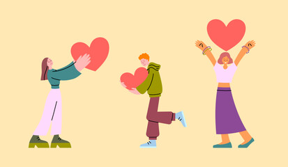 Cartoon Color Characters People Share Love Support Concept Flat Design Style. Vector illustration of Person Giving Heart