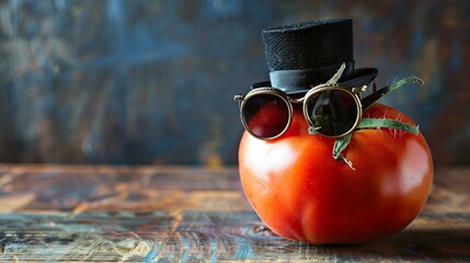 Suave Tomato Wearing Sunglasses and Top Hat, Space for Text Provided