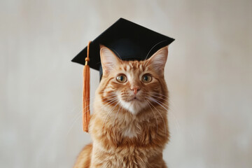 Fluffy orange cat wearing black graduation cap on beige wall background. Graduation ceremony, prom, university degree, back to school, education concept.