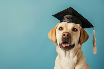Portrait of labrador retriever dog wearing black graduation cap, on solid blue background with copy space. Graduation ceremony, school, education concept.