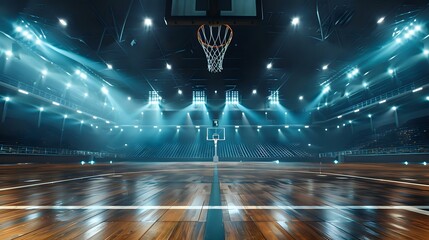 Empty Basketball Arena Stadium with Flashlights and Fan Seats - obrazy, fototapety, plakaty