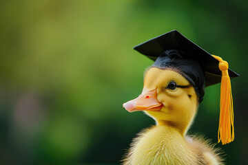 Cute little yellow duckling wearing black graduation cap on green natural background with copy space. Graduation ceremony, back to school, education concept.