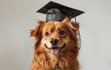 Portrait of red-orange fluffy dog wearing black graduation cap on beige background with copy space. Graduation ceremony, college, university, education concept.
