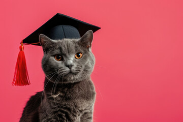 Portrait of British Shorthair gray cat wearing black graduation cap on red background with copy space. Graduation ceremony, university, college, school, education.