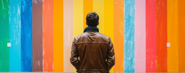 Man at an art gallery with vibrant colors making colorful stripes on the wall.