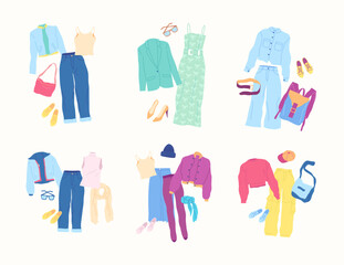 Cartoon Clothes Female Autumn Combo Set Concept Flat Design Style Isolated on a White Background. Vector illustration