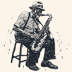 An old gray-haired black man plays the blues on the saxophone, vector illustration